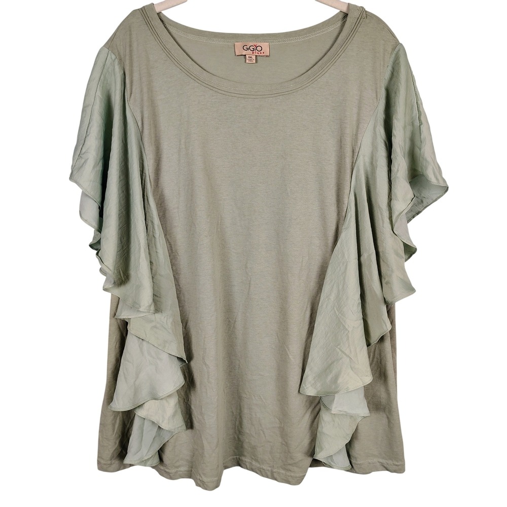 Womens 1XL Gigio Plus Ruffle Flutter Sleeve Top Sage Green Cotton Blend Boho